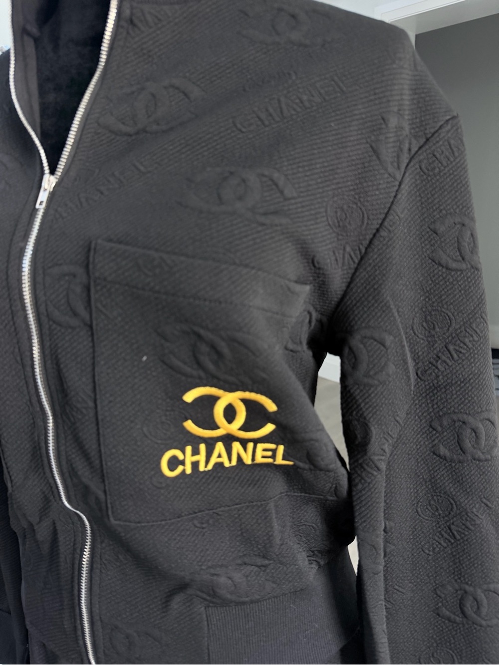 CHANEL Black Embossed Logo Tracksuit Matching Set with Gold Accent size M/L - Picture 4 of 16